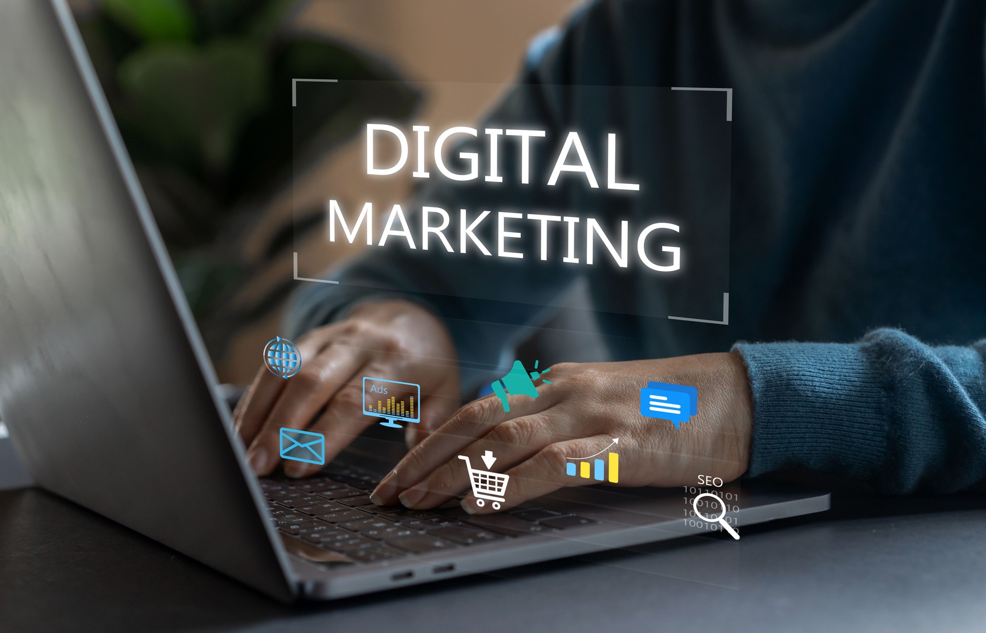 Human with digital online marketing commerce sale, website advertising, promotion of products, digital marketing strategy and goals, digital search engine, SEO, social media, ads, E-commerce